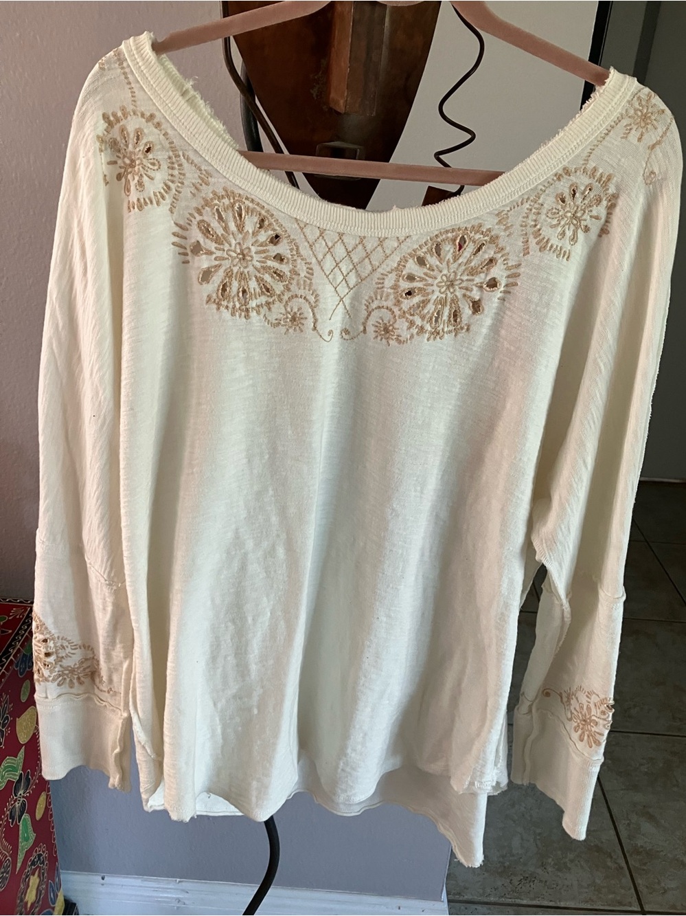 Free People soft White Embroidered Scoop-Neck Long Sleeve Top